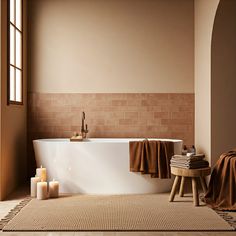 a bathroom with a bathtub, rugs and candles on the floor next to it