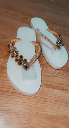 These Beautiful Satin Bridal Flip Flops with rhinestone are the perfect gift for a Wedding. These Flip Flops are hand wrapped in satin ribbon and embroidered with small rhinestone. These are available in ladies sizes 6,7,8,9,10 White Flat flip flops (pictured) . When ordering this item, please specify the size in the notes box I can do your flip flops in your wedding colors. Awesome for beach/ Summer weddings and as bridal party, flower girl & Mom gifts!! Made to Order: Orders are processed and Gold Beaded Bridal Accessories For Formal Occasions, Gold Embellished Bridal Accessories For Wedding, Gold Embellished Bridal Accessories For Party, Gold Adjustable Bridal Accessories, Bridal Flip Flops, Diy Shoe, Crafting Inspiration, Union City, White Flat