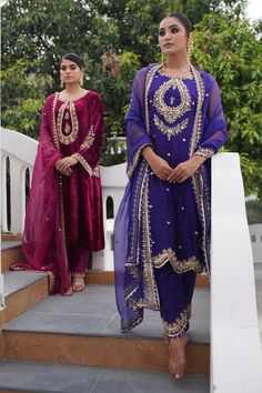 Buy Blue Kurta And Pant Pure Raw Silk Embroidered Zardosi Straight Set For Women by Gul By Aishwarya Online at Aza Fashions.