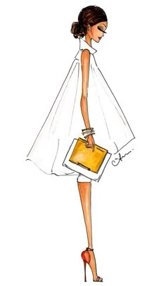 a drawing of a woman in a white dress holding a yellow folder and wearing high heels