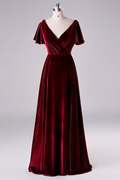 Burgundy Velvet Wrap Long Bridesmaid Dress with Flare Sleeves Red Purple Bridesmaid Dresses, Purple Velvet Dress Long, Red Velvet Bridesmaid Dresses, Velvet Prom Dress Long, Velvet Fabric Dress, Red Velvet Dress Long, White Velvet Dress, Maroon Velvet Dress, Velvet Wedding Dress