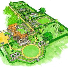 this is an artist's rendering of a large house in the middle of a lush green field