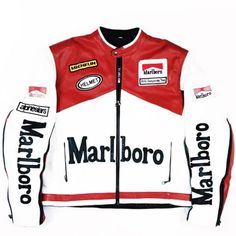 Marlboro Motorbike Racing Leather Jacket is especially designed for professional bikers to fulfill their biking passion on track with great safety. This jacket features excellent design & comfort, 100% genuine Cowhide leather, Approved internal & external Protectors on Shoulder, attitude Hand Made Brilliantly Designed, Professionally cut & Premium Stitching throughout as per International Standards Handmade with premium real cow leatherTwo front zips Product Care: Dry clean only. Multiple Marlbo Scuderia Ferrari Logo, Moto Jacket Style, Vintage Racing Jacket, Halloween Jacket, Black Biker Jacket, White Ferrari, Classic Leather Jacket, Leather Jacket For Men, Off To The Races