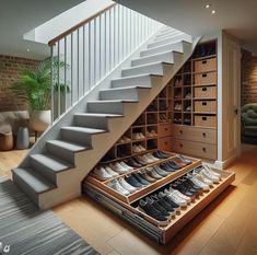 an open shoe rack under the stairs in a living room