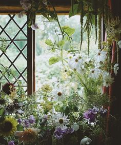 a window sill filled with lots of flowers