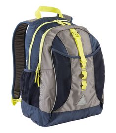 a blue and grey backpack with yellow straps on the front, two pockets at the bottom