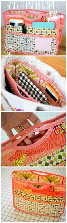 the inside of a purse is shown in three different pictures, and there are also photos of