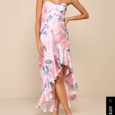 Bought For A Wedding And Didn’t End Up Wearing, Cute Floral Pattern, Perfect For A Summer Wedding Or Nice Dinner! Graduation Dresses Long, Lulus Maxi Dress, Romantic Floral Print, Casual Formal Dresses, Dress Code Wedding, High Low Maxi Dress, Full Length Gowns, Strapless Floral Dress, Strapless Midi Dress