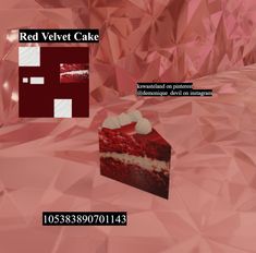 a piece of red velvet cake sitting on top of a pink surface with the words red velvet cake above it