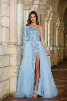 Ava Presley 38828 - Mydressline Gown With Overskirt, Pageant Evening Gowns, Long Sleeve Evening Gowns, Plastic Dress, Sequin Prom Dress, One Shoulder Gown, Sequin Fabric, Dress Silhouette, Prom Dresses Blue