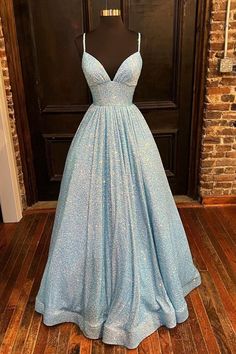 Blue Shiny A-line Empire Long Prom Gown Formal Evening Dresses Long, Light Blue Prom, Light Blue Prom Dress, Blue Prom Dress, A Line Evening Dress, Prom Dresses With Pockets, Stunning Prom Dresses, Spaghetti Strap Prom Dress, Sequin Formal Dress