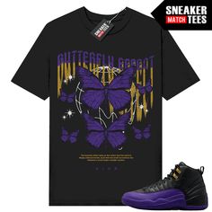 "Field Purple 12s Jordan matching shirt by Sneaker Match Tees brand. Official Sneaker Match Tees shirt designed to match the Jordan 12 \" Field Purple\" retro sneakers. *Sneakers are for matching purposes only, NOT included in the sale* True to size Men's shirt 100% Soft Cotton Regular Fit" Field Purple 12s Outfit, Purple 12s Jordans Outfit, Black And Purple 12s Outfit, Black And Purple Jordan 12 Outfit, Purple Sporty Jordan Shoes For Streetwear, Purple And Green Shirt Retro Purple Jordan 4, Casual Butterfly Print Tops For Streetwear, Black And Purple Graphic Tee, Graphic Tee With Butterfly Print For Streetwear