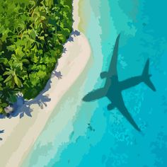 an airplane is flying over the water and sand area in front of some trees, bushes and a beach