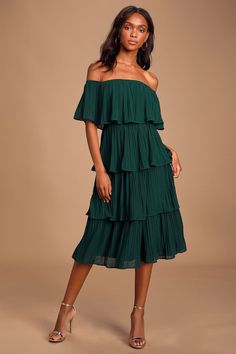 Chic Green Dress - Midi Dress - OTS Dress - Green Ruffle Dress Green Ruffle Dress, Ruffle Midi Dress, Midi Ruffle Dress, Tiered Midi Dress, Gala Dresses, Green Midi Dress, Online Dress Shopping, Dresses For Teens, Comfortable Dress