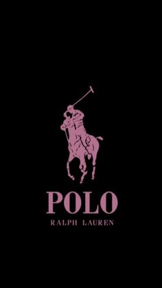 the polo logo is shown on a black background with pink lettering and an image of a man riding a horse