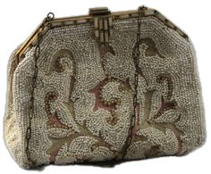 Vintage Beaded Beige Bags, Vintage Rectangular Bag With Pearl Embroidery, Formal Beaded Beige Bag, Elegant Beige Bag For Vintage Events, Cream Beaded Bags For Vintage Events, Beaded Cream Bags For Vintage Events, Vintage Beige Rectangular Evening Bag, Vintage Cream Rectangular Evening Bag, Seed Pearl