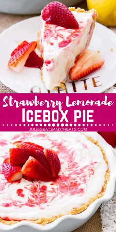 strawberry lemonade icebox pie on a white plate