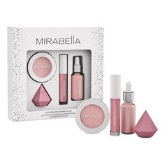 PRICES MAY VARY. Illuminizing 4-Piece Set: Get ready to shine bright with Mirabella’s Illuminizing Makeup Set. This makeup trio plus blender sponge contains everything you need to create a stunning, glowy look. The set includes 1 lip gloss, 1 glow liquid highlight drops, 1 powder highlight, and 1 blender sponge. Perfect for Any Occasion: Our holiday gift set features limited edition Mirabella cosmetics packaged in an eye-catching box with window. Perfect for gift giving, not only during the holi Glow Drops, Clean Beauty Makeup, Blender Sponge, Radiant Beauty, Ring Video Doorbell, Cosmetic Sets, Holiday Gift Sets, Light Pink Color, Cosmetic Packaging