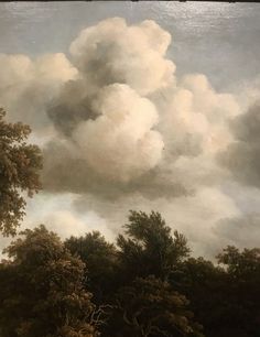 a painting of trees and clouds in the sky