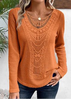 Color:Terracotta;Size:S;Size:M;Size:L;Size:XL;Size:XXL;Package Contents:1 X T Shirt;Occasion:Other;Style:Casual; Burnt Orange Casual Tops For Fall, Casual Burnt Orange Tops For Fall, Bohemian Long Sleeve Fall T-shirt, Casual Burnt Orange Tops For Spring, Casual Burnt Orange Crew Neck Top, Blouse Outfit Casual, Womens Trendy Tops, Trendy Tops For Women, Lace Long Sleeve