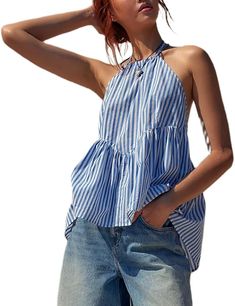 Women Y2k Tie Up Peplum Tank Top Fairy Sleeveless Cami Top Summer Going Out Tops Coquette Babydoll Shirts Streetwear Y2k Aesthetic Fashion, Vest Tops Women, Babydoll Tank Top, Babydoll Shirt, Women Vest, Sleeveless Peplum Top, Babydoll Tank, Flare Top, Stripe Outfits