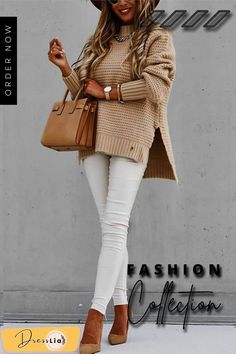 High Neck Side Slit Sweater Split Sweater, Nude Outfits, Sophisticated Fashion, Knit Wear, Fall Styles, Basic Sweaters, Outfit Design, Mode Casual, Autumn Vibes