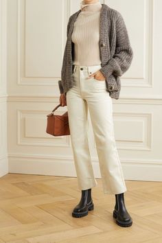 Apiece Apart Highway 1 High-Rise Straight-Leg Jeans Cream Jeans Outfit Winter, Cream Jeans Outfit, Autumn Style Inspiration, 70’s Outfit, Style Inspiration Outfit Ideas, Jean Beige, Straight Leg Jeans Outfits, Jeans Outfit Winter, Look Jean