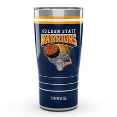 the golden state warriors tumbler cup is shown in blue and gold with an image of a basketball on it