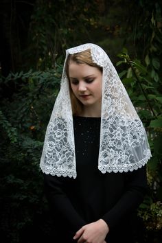 "A soft, Spanish floral lace classic D shaped veil is trimmed in cream white Venise lace trim. Soft and light, and reverent for worship. Also available in black/black trim. Please select color at checkout. Thank you to our dear customer for the beautiful photos of her wedding!! Includes sewn-in clip to hold it securely. Other options: https://www.etsy.com/listing/500708656/evintage-veils-black-spanish-lace-floral?ref=shop_home_active_17 And in a wrap-style here: https://www.etsy.com/listing/5007 Elegant Lace Veil With Lace Trim, Lace Veil With Lace Trim For Ceremonies, Lace Ceremony Veil With Lace Trim, Ceremony Lace Veil With Lace Trim, Ceremony Veil With Lace Trim, Lace Ceremony Veil, Church Lace Veil With Lace Work, White Lace Trim Veil For Ceremony, Lace Trim Veil