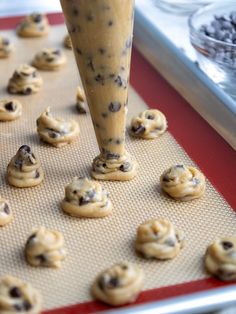 cookie dough being made with chocolate chip cookies and an ice cream sundae in the background