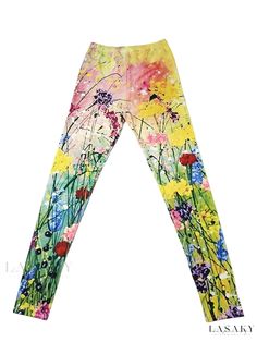 Lasaky - Womens Floral Print Skinny Leggings: Premium Quality Casual Elastic-Waist Stretch Legwear Tight Full-length Summer Pants, Spring Yoga Leggings With Stretch, Fitted Leggings For Spring Yoga, Full Length Stretch Tights For Spring, Non-stretch Full Length Tights For Spring, Fitted Multicolor Leggings For Summer, Elastic Full-length Spring Leggings, Fitted Multicolor Summer Leggings, Casual High Stretch Summer Tights