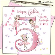 a birthday card with two ballerinas and the number six on it's front