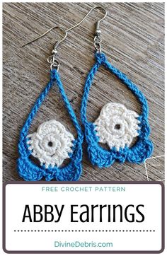 two crocheted earrings with the words, free crochet pattern aby earrings