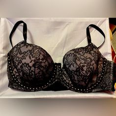 “Super Sexy Balconette” Lace Bra With Gems From Victoria’s Secret. Never Worn! Black Underwire Bra For Party, Elegant Fitted Party Bra, Black Party Bra With Padded Cups, Black Padded Party Bra, Fitted Bra With Padded Cups For Night Out, Fitted Padded Bra For Night Out, Fitted Black Bra For Club, Padded Bra For Night Out, Black Stretch Bra For Party