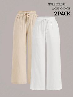 Drawstring Waist Wide Leg Solid Color Front Tie Casual Pants, Summer Apricot Casual   Woven Fabric Plain Wide Leg Non-Stretch  Women Clothing, size features are:Bust: ,Length: ,Sleeve Length: Shein Summer, Petite Casual, Skirt Suit Set, Fleece Leggings, Pants Summer, Drop Shoulder Sweaters, Flare Leg Pants, Storage Bags For Clothes, Summer Pants