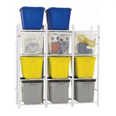 the storage rack has four bins and three containers on it