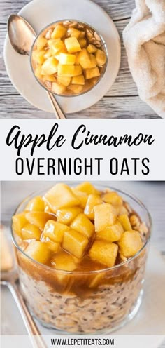 apples and cinnamon overnight oatmeal in a glass bowl with spoons on the side