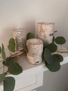 three candles are sitting on top of a mantle with leaves around it and one candle is lit