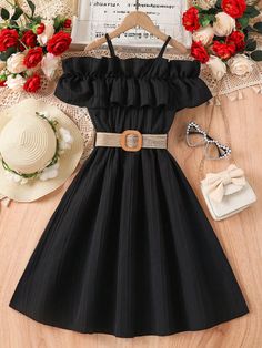 Black Cute Collar Short Sleeve Polyester Plain A Line Embellished Non-Stretch  Tween Girls Clothing Plus-koon Muoti, Cute Dress Outfits, Quick Outfits, Cute Preppy Outfits, Easy Trendy Outfits, Simple Trendy Outfits, Cute Everyday Outfits, Really Cute Outfits, Cute Simple Outfits