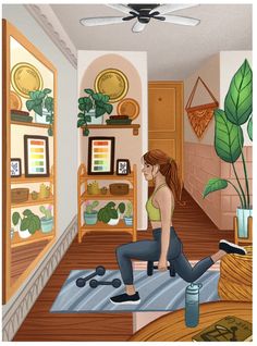 a painting of a woman sitting on the floor in a room with plants and books