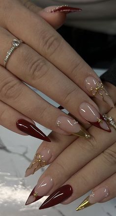 Almond Gold Nails Designs, Cute Almond Nails Design Winter, Unique Almond Nails Designs, Almond Gold Nails, Elven Nails, Mail Inspo Almond, Red French Nails Design, Gelx Inspo Nails, Goddess Nails Designs