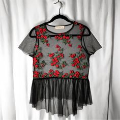 Twinkle Rose Mesh Blouse Top. Never Worn. Black Cotton Tops With Rose Print, Black Rose Print Short Sleeve T-shirt, Mesh Blouse, Blouse Top, Twinkle Twinkle, Black Red, Top Blouse, Black And Red, Mesh