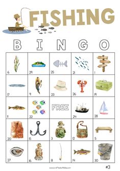 a printable fishing game with pictures of different things to see and do on it