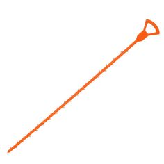 an orange long handled stick with spikes on the top and bottom end, in front of a white background