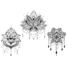 three black and white drawings of flowers with beads hanging from the side, on a white background