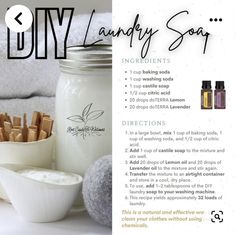 the instructions for diy laundry soap are displayed in front of a jar and bowl