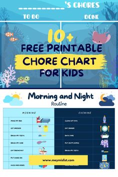 the free printable chore chart for kids is shown in blue and yellow colors