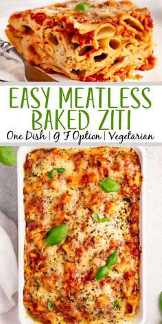 an easy meatless baked ziti recipe with spinach and cheese