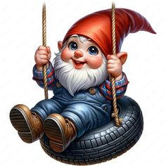 a cartoon gnome is sitting on a tire swing