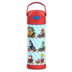 thermos bottle with mario and friends on it is red, blue and white